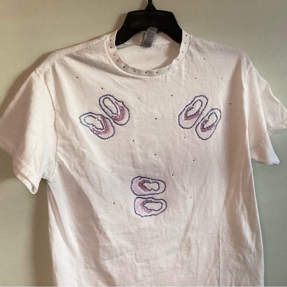 Hand Crafted White Tee with Pink and Purple Accents